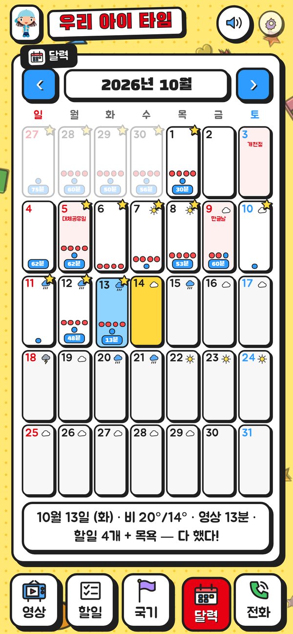 달력 날짜 선택 — 10월 13일 비 20°/14°, 영상 13분, 할일 4개+목욕 다 했다